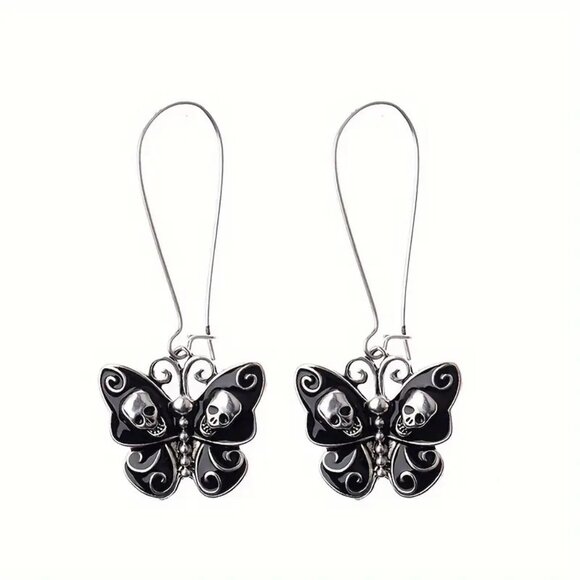 #32 Gothic Skull Butterfly Drop Dangle Earrings, Black Enamel - Picture 1 of 1